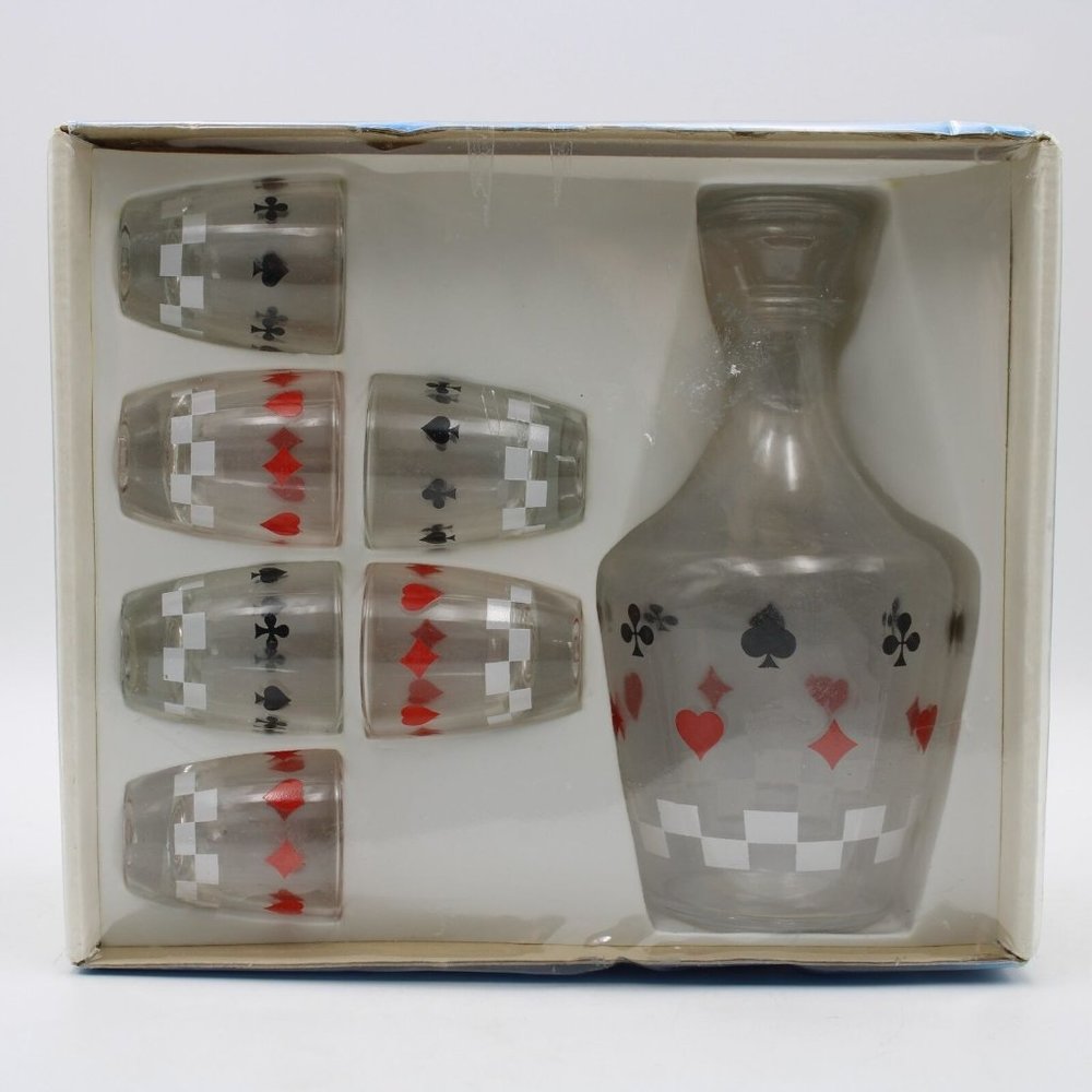 Verrerie D'Arques France Card Themed Liqueur Service Set Decanter & 6 Glass Set